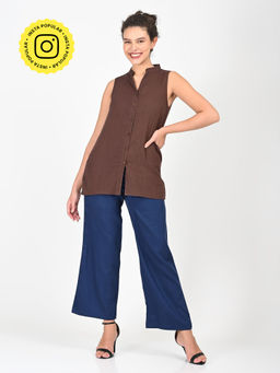 Saltpetre - Coffee Sleeveless Mandarin Neck Shirt with Pant (Set of 2)