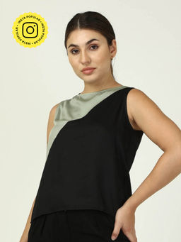 Saltpetre - Women Sage With Black Colour Block Sleeveless Boat Neck Top