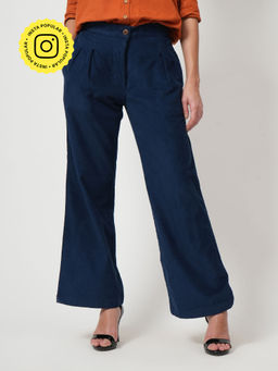Saltpetre - Women Navy Blue Corduroy Long Leg Trouser