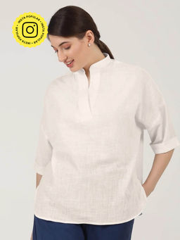 Saltpetre - Women Solid White Mandarin Collar Top