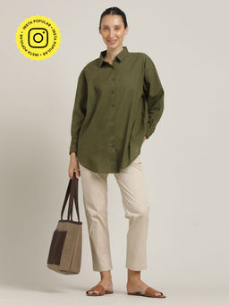 Saltpetre - Olive Women Over Sized Solid Shirt and Pant (Set of 2)