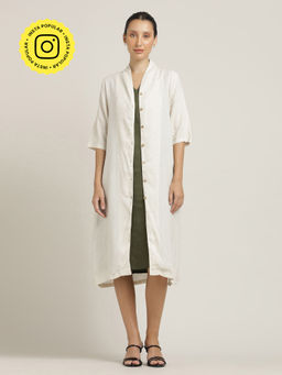 Saltpetre - Women Beige Overlay with Olive V-Neck Dress (Set of 2)