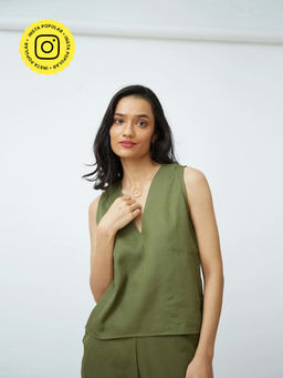 Saltpetre - Women Olive V-Neck Sleeveless Top