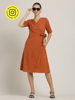 Saltpetre - Women Orange V-Neck Midi Wrap Dress