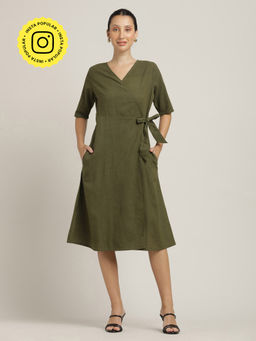 Saltpetre - Women Olive V-Neck Midi Wrap Dress