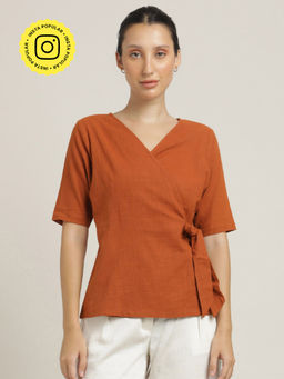 Saltpetre - Women Orange V-Neck Wrap Top