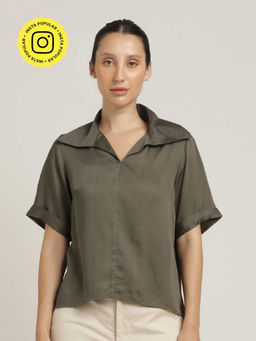 Saltpetre - Women Olive Tencel Collar Neck Extended Collar Top