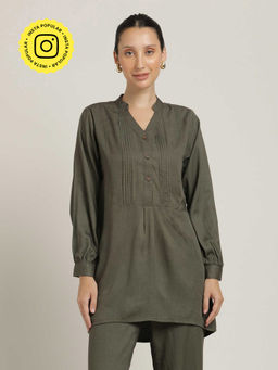 Saltpetre - Women Tencel Olive Pintuck V-Neck A-Line Tunic