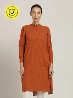 Saltpetre - Women Organic Cotton Orange Mandarin Neck Pleated Tunic