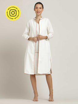 Saltpetre - Women Organic Cotton Cream With Orange Piping Mandarin Neck Long Shirt Overlay