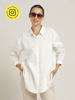 Saltpetre - White Organic Cotton Drop Shoulders Oversized Front Button Shirt