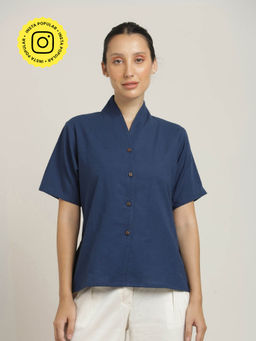 Saltpetre - Navy Blue Organic Cotton Half Sleeves Shawl Collar Shirt