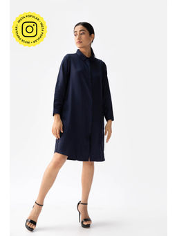 Saltpetre - Navy Blue Modal Back Pleat Small Collar Dress