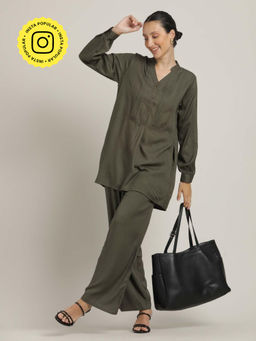 Saltpetre - Women Tencel Green Pintuck V-Neck A-Line Co-Ord Set