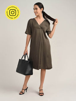 Saltpetre - Women Tencel Olive V-Neck A-Line Dress