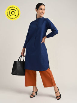 Saltpetre - Women Organic Cotton Navy Blue Pleated Tunic with Pant