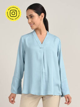 Saltpetre - Women Blue Tencel V-Neck Bell Sleeve Top