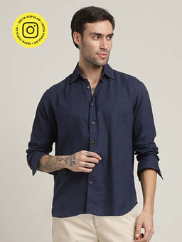 Saltpetre - Bay Side Relaxed Fit Linen Blend Navy Blue Shirt