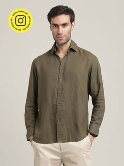 Saltpetre - Bay Side Relaxed Fit Linen Blend Olive Green Shirt