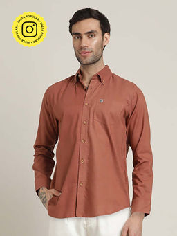 Saltpetre - Hugh Button Down Regular Fit Cotton Linen Terracotta Brown Shirt