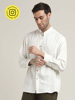 Saltpetre - Field Relaxed Fit Mandarin Collar Linen Blend Ecru Shirt