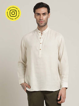Saltpetre - Indrazen Relaxed Fit Mandarin Collar Diamond Popover Placket Linen Blend Beige Shirt