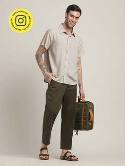Saltpetre - Beige Semi-Spread Collar Half Sleeve Shirt and Relaxed Fit Pleated Chinos