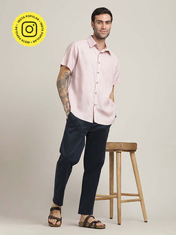Saltpetre - Pink Semi-Spread Collar Half Sleeve Shirt and Relaxed Fit Pleated Chinos