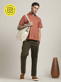 Saltpetre - Rust Semi-Spread Collar Half Sleeve Shirt and Relaxed Fit Pleated Chinos