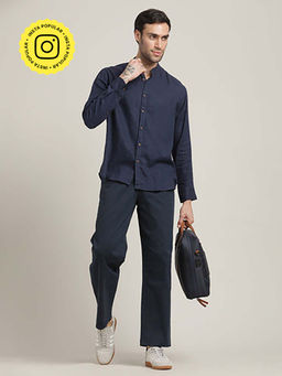 Saltpetre - Navy Blue Relaxed Fit Mandarin Collar Shirt and Relaxed Fit Cotton Chinos