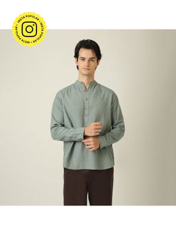 Saltpetre - Indrazen Mandarin Collar Diamond Popover Placket Linen Blend Agave Green Shirt