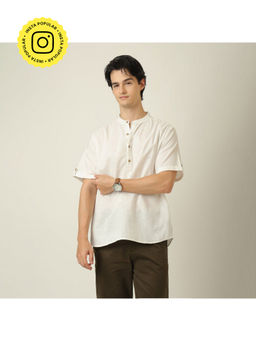 Saltpetre - Drifter Mandarin Collar Roll Up Sleeves With Tabs Cotton Linen Ecru Off White Shirt