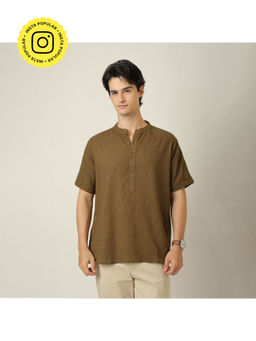 Saltpetre - Drifter Relaxed Fit Mandarin Collar Roll Up Sleeves Cotton Linen Olive Green Shirt
