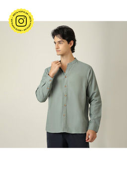 Saltpetre - Field Relaxed Fit Mandarin Collar Linen Blend Agave Green Shirt