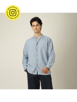 Saltpetre - Field Relaxed Fit Mandarin Collar Linen Blend Dusty Blue Shirt