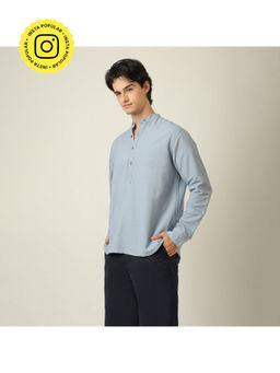 Saltpetre - Indrazen Mandarin Collar Diamond Popover Placket Linen Blend Dusty Blue Shirt