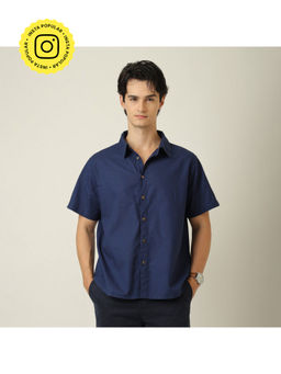 Saltpetre - Summer Relaxed Fit Semi Spread Collar Linen Blend Navy Blue Shirt