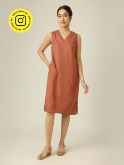Saltpetre - V-Neck Sleeveless Midi Dress - Terracotta Brown