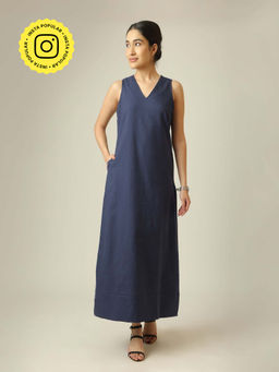 Saltpetre - Women Linen Maxi Dress - Navy Blue