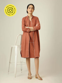 Saltpetre - Women Dress With Jacket - Terracotta Brown With Ecru Edging