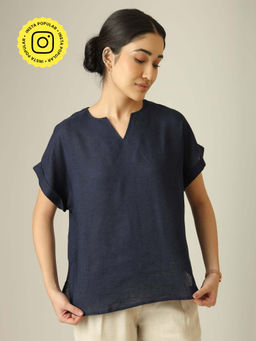 Saltpetre - Women Linen Top - Navy Blue