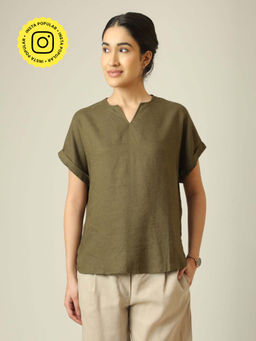 Saltpetre - Women Linen Top - Olive Green