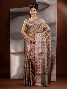 CHARUKRITI - Beige Silk Blend Floral Handwoven Saree with Unstitched Blouse