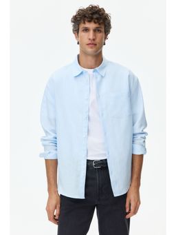 H&M - Men Blue Relaxed Fit Linen-Blend Shirt