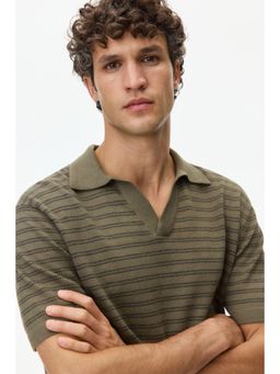H&M - Men Green Regular Fit Linen-Blend Polo T-Shirt