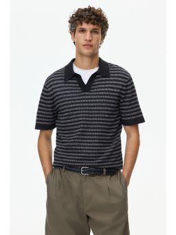 H&M - Men Black Regular Fit Linen-Blend Polo T-Shirt