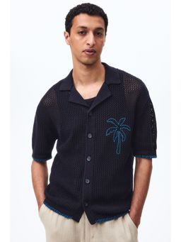 H&M - Men Blue Relaxed Fit Hole-Knit Resort Shirt