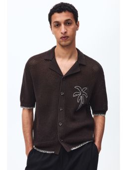 H&M - Men Brown Relaxed Fit Hole-Knit Resort Shirt