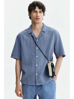 H&M - Men Blue Relaxed Fit Short-Sleeved Muslin Shirt