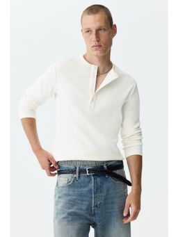 H&M - Men White Slim Fit Ribbed Henley Shirt